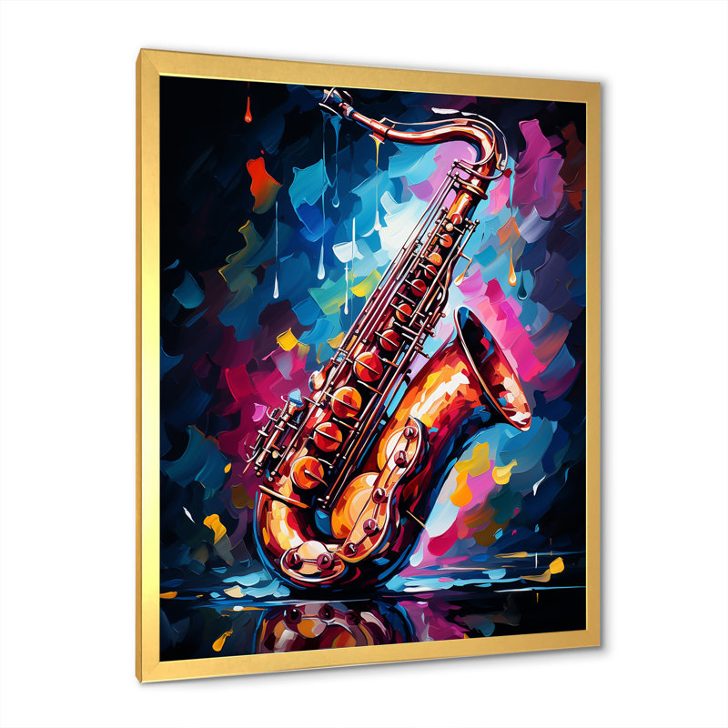 Blue Vibrant Saxophone Rythme - musique, art mural, Encadrement doré, H 32 po x l 24 po x P 1 po