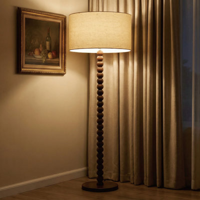 Lampe sur pied 61 po en bois perlé rétro avec abat-jour en lin surdimensionné, lampe sur pied au fini noyer pour salon, chambre à coucher, coin lecture et bureau, homologuée UL, compatible avec les ampoules E26