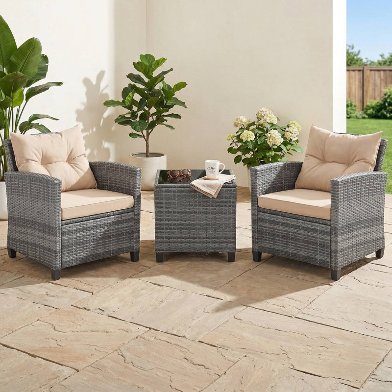 3-Piece All-Weather PE Wicker Outdoor Patio Conversation Set, 2 Padded Seats With Removable Washable Cushions, 1 Scratch-Resistant Tempered Glass Tabletop Side Table