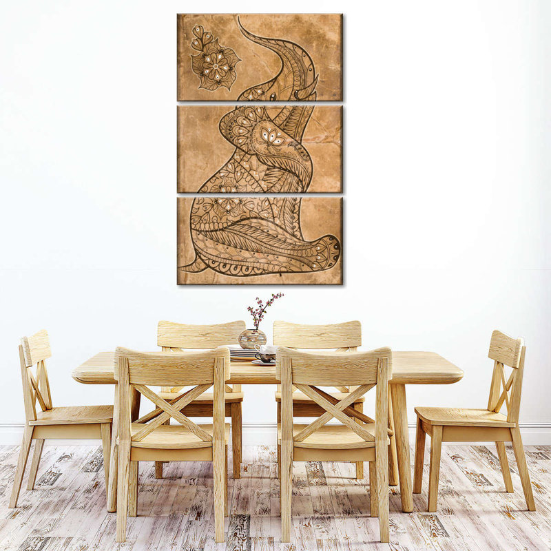 «Elephant Boho Vintage Elephant on Canvas», reproduction de 3 pièces, H 45 po x l 28 po x P 1,25 po