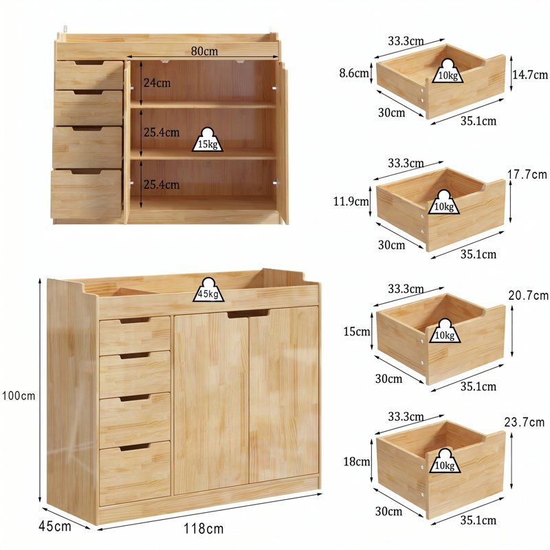 118cm Solid Pine Changing Table with 4 Drawers & Double Doors - Natural Wood Nursery Chest