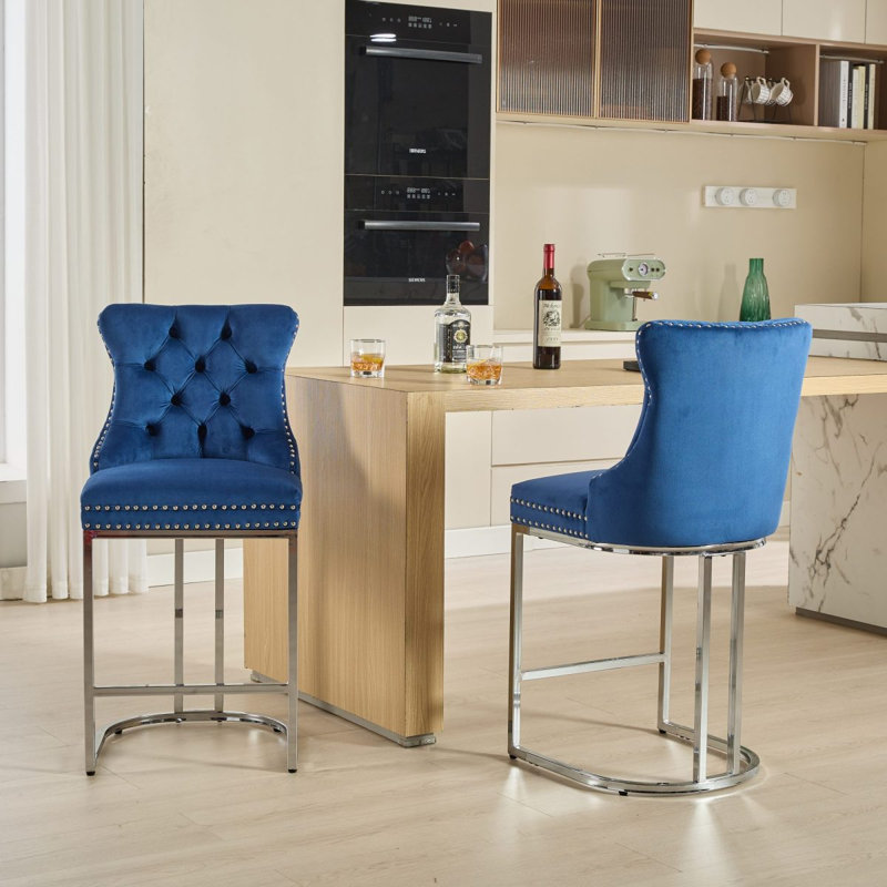 Ensemble de 2 tabourets de bar modernes en velours avec dossier et garniture de rivets, idéal pour les îlots de cuisine et les comptoirs