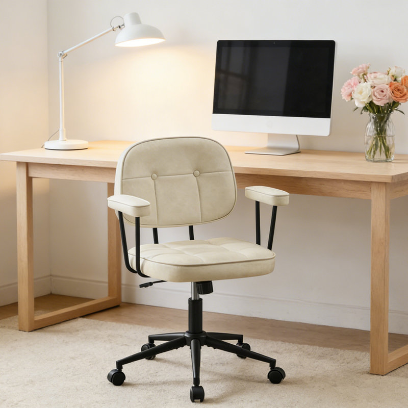 Ergonomic Swivel Home Office Chair, Faux Leather Arm Task Chair with Low Back,Rocking Function., Beige