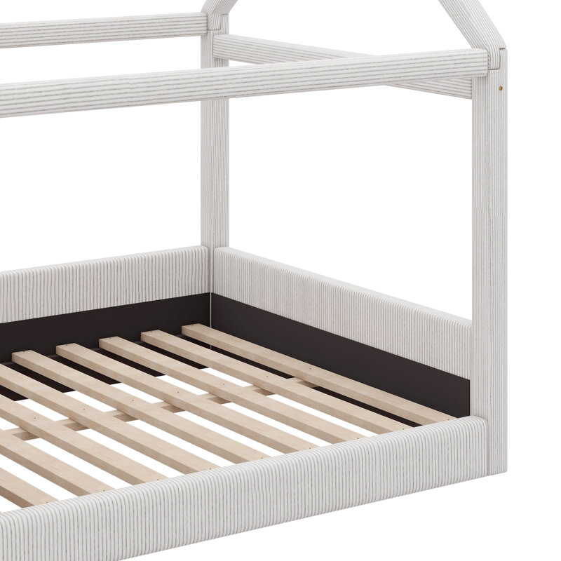 Full Size Textile-Finished House Daybed With Integrated LED Light Bands, Beige