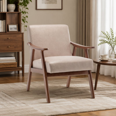 Fauteuil d'appoint de style Mid-Century moderne 32,3 po, fauteuil en bois d'hévéa rembourré avec accoudoir courbé et coussin extra épais, fauteuil de lecture pour le salon