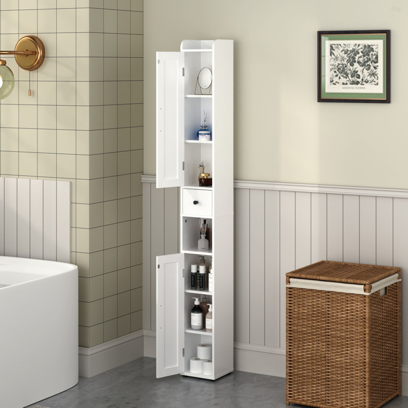67.51" Tall Bathroom Storage Cabinet With Adjustable Shelves,Slim 2 Doors Freestanding Cabinet With Anti-Tip, Open Compartments, For Home, Small Spaces, Bathroom,Kitchen, Living Room, White