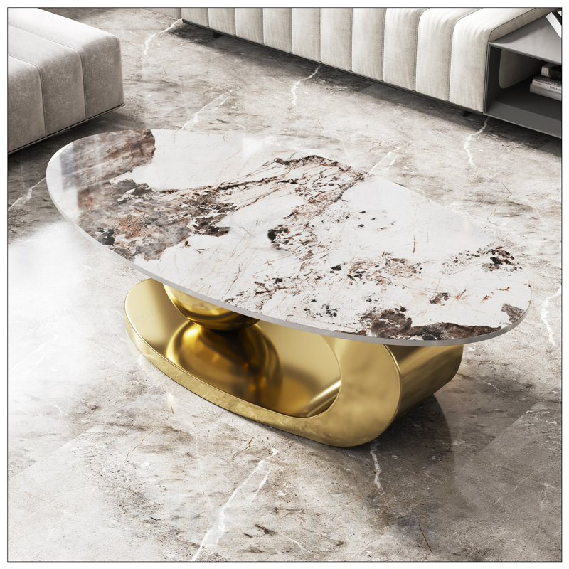 Table basse ovale en faux marbre avec base en acier inoxydable, durable et élégante pour les salons modernes, Gris blanc / or