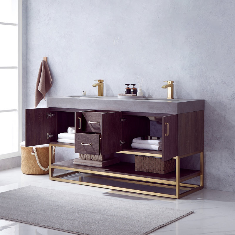 Ensemble de meuble-lavabo double 60 po Alistair, Or, Séquoia, Gris