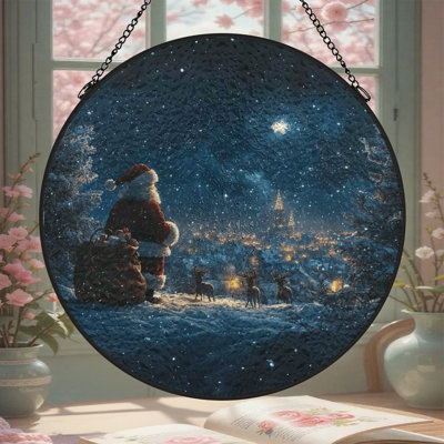 Santa Views Christmas Town Stained Glass Panels Suncatcher for Window Decor