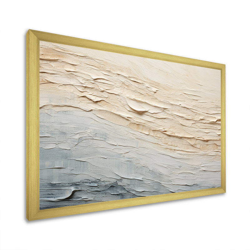 Décoration murale moderne bord de mer beige et gris I - Océan côtier, H 34 po x l 44 po x P 1,5 po, Cadre doré simple