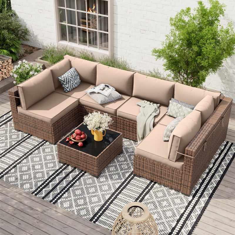 Dinyu Wicker 6 - Person Modular Patio Conversation Set with Cushions, Khaki