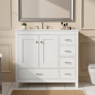 Ensemble de meuble-lavabo blanc 36 po avec lavabo en céramique 36 po, 2 portes à fermeture en douceur et 5 tiroirs