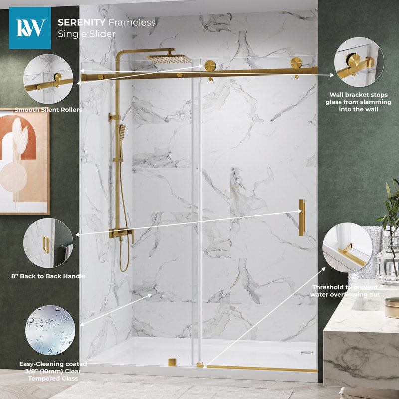 KW03 56 - 60 In. W X 76 In. H Single Sliding Frameless Shower Door With 3/8 In. Clear Glass, Gold
