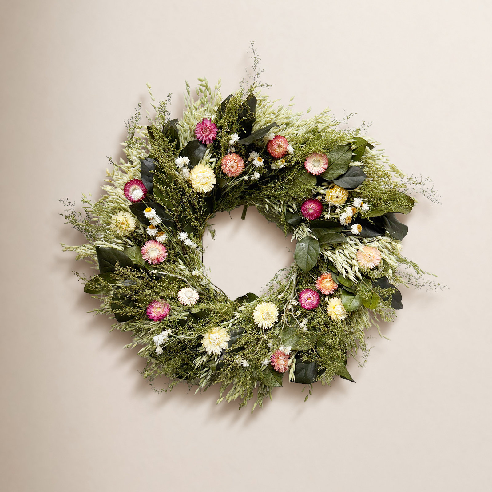 Preserved Leaves and Strawflowers Wreath, 26" W x 26" H x 6" D