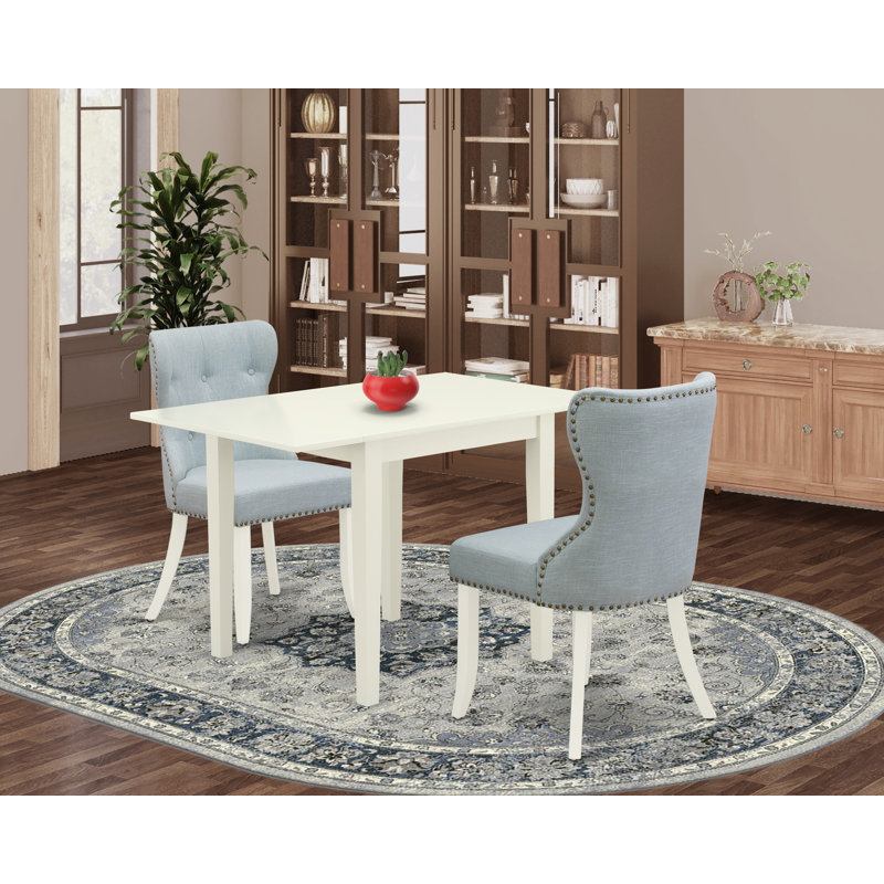 3 Piece Modern Dining Table Set Contains a Rectangle Wooden Table with Dropleaf and 2 Baby Blue Linen Fabric Upholstered Chairs, Mahogany