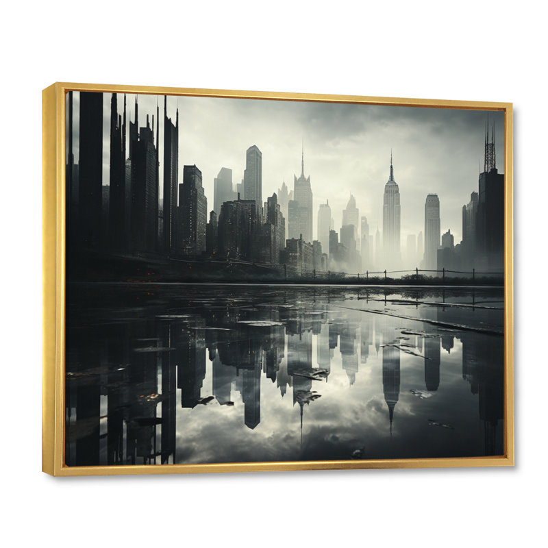 «Skyscrapers Urban Mirage IV», reproduction sur toile, Cadre flottant doré, H 34 po x l 44 po x P 1,5 po