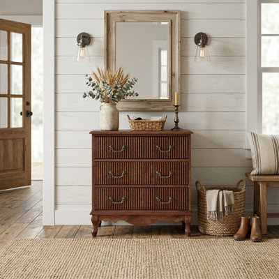 Satine Transitional 28"W 3-Drawer Solid Wood Fluted Chest with Built-In Power Outlet and Simple Assembly