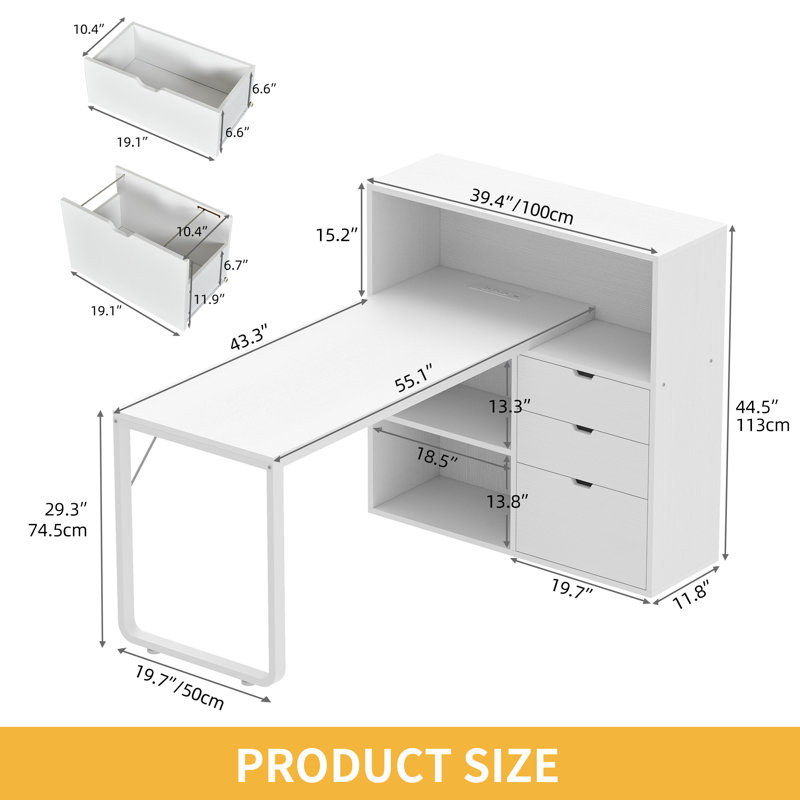 Broly 55'' L Shaped Desk With Power Outlets & LED Light, White