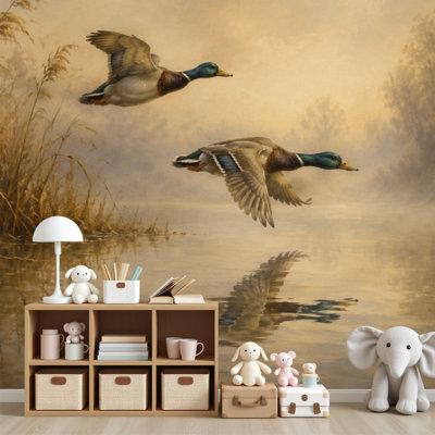 Peel and Stick Wallpaper Self-Adhesive Wall Mural Vintage Mallard Duck Hunting Countryside Wildlife Nature Pond Wall Murals 69"H x 96"W Wall Decor for Bedroom Home Office