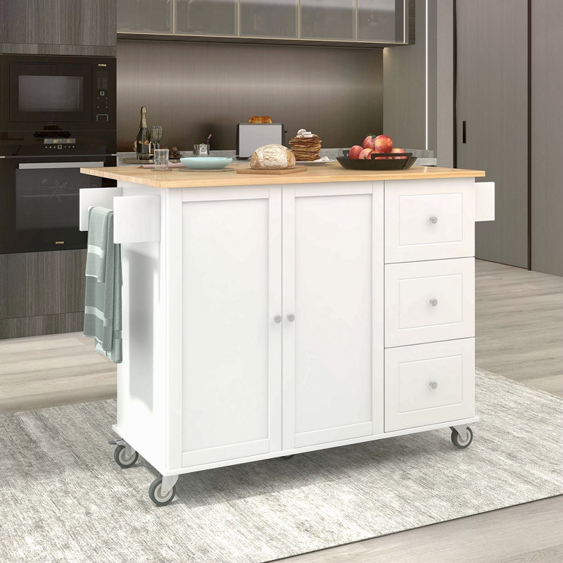 Îlot de cuisine mobile à roulettes avec plateau en bois massif et roulettes verrouillables, largeur de 52,7 po, armoire de rangement et bar à abattants, support à épices, porte-serviettes et tiroir
