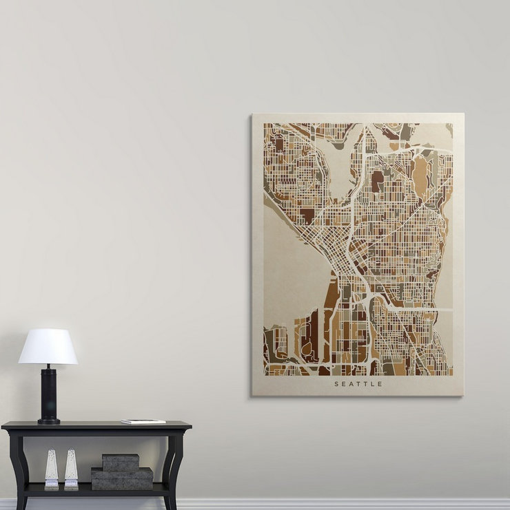«Seattle Washington Street Map» par Bellen, impression, H 36 po x l 27 po x P 1,5 po, Toile