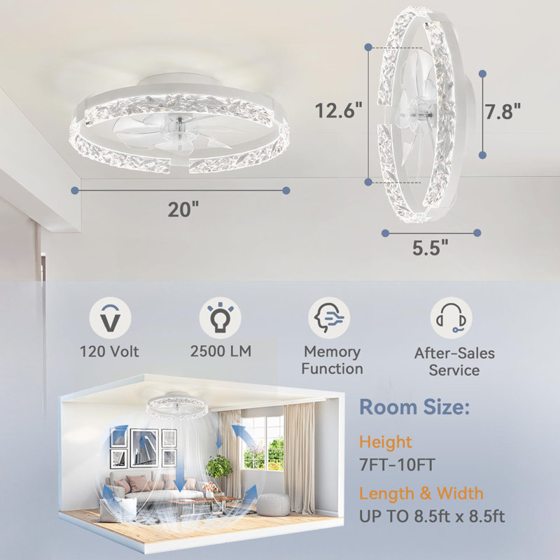Ventilateurs de plafond à profil bas de 20 pouces avec lumières et télécommande, Blanc