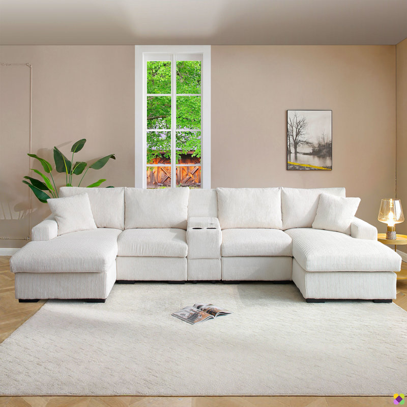 Loette 126" Corduroy U-shape Sectional Sofa, Cup Holder & Console Box, Beige Corduroy