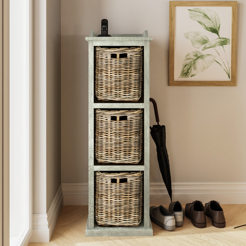 Malaptias Handmade Kubu Rattan 3 Basket Storage Unit Limewash