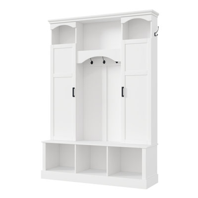 Portemanteau tout-en-un moderne avec tablettes réglables, banc de rangement de style maison de campagne arqué classique avec armoires latérales doubles, organisateur de hall d'entrée élégant avec 7 crochets pour vestibule, couloir