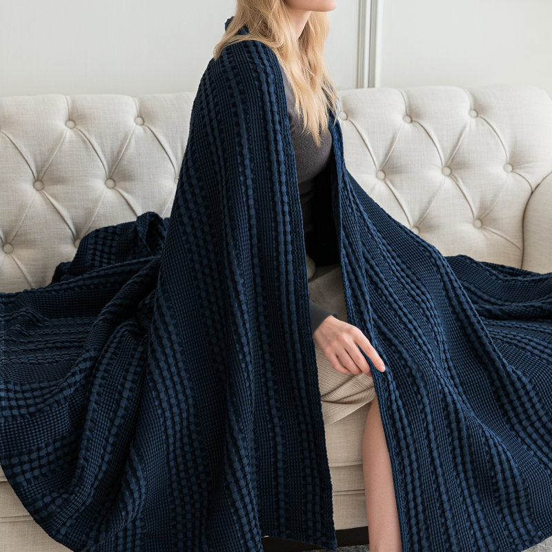 Jeté de lit en coton et viscose tissés gaufrés, Jeté, Marine