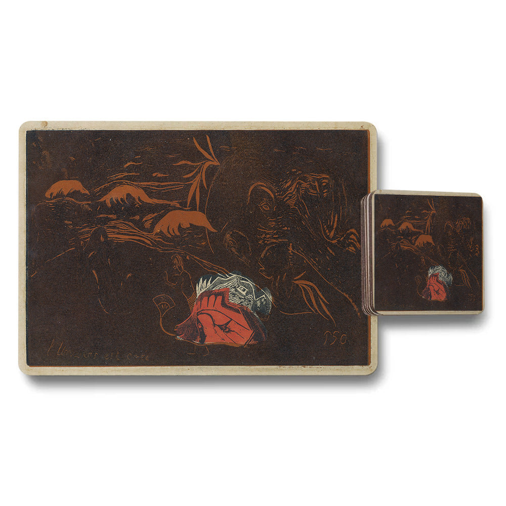 Placemat and Coaster Set With Vintage Dark Artwork and Hand Motif