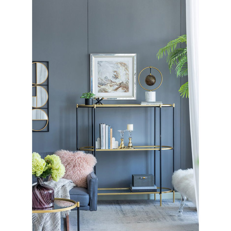 Console à 3 niveaux 48,5 x 16,5 x 50 po, tablette miroir en or noir