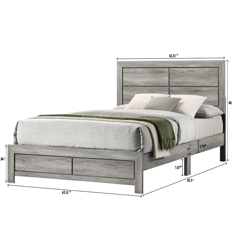 Grand lit gris, tête de lit à quatre panneaux et lit double, rails, une boîte, l 62 po x P 85,08 po, H 50,11 po, lit de 103,5 lb et rails boulonnés