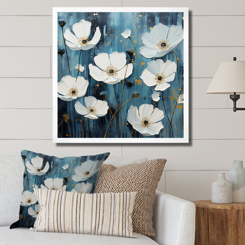 «White and Blue Buttercups Minimalisme II», reproduction sur toile, Cadre simple blanc, H 24 po x l 24 po x P 1 po