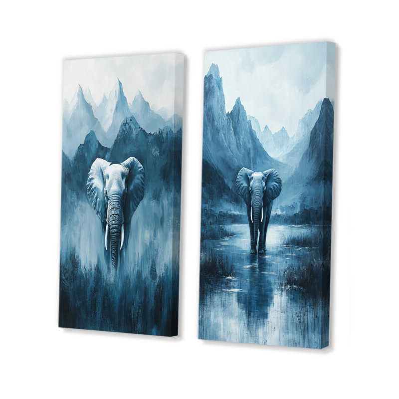 Éléphant d'Afrique moderne dans les montagnes I - Collection d'art mural 2 animaux, H 28 po x l 25 po, Toile tendue