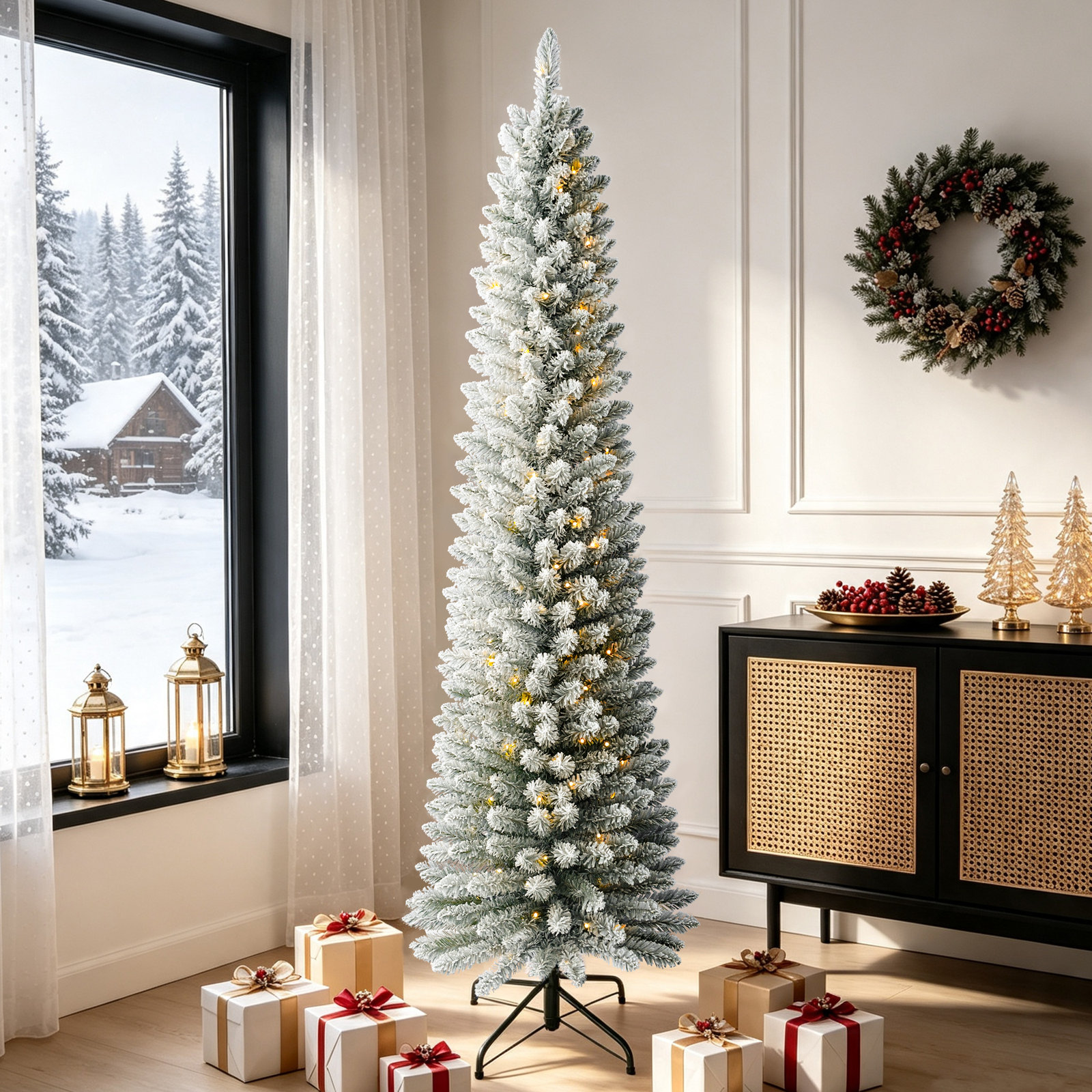 Pre-Lit Flocked Slim Christmas Tree, 6.5' H
