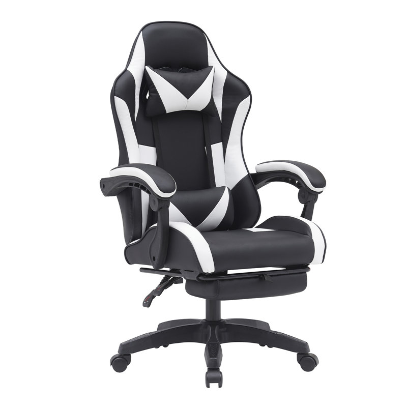 Inbox Zero Knoble Adjustable Reclining Ergonomic Faux Leather Swiveling PC & Racing Game Chair with Footrest, Black/White