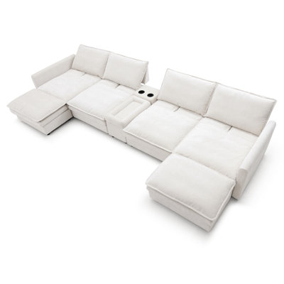 140" U Shaped Couch, Modular Sectional Sofa, 6-Seater Comfy Cloud Couch With Movable Ottoman, Deep Seat And Adjustable Sofa Back . Couches For Living Room, Chenille,  White
