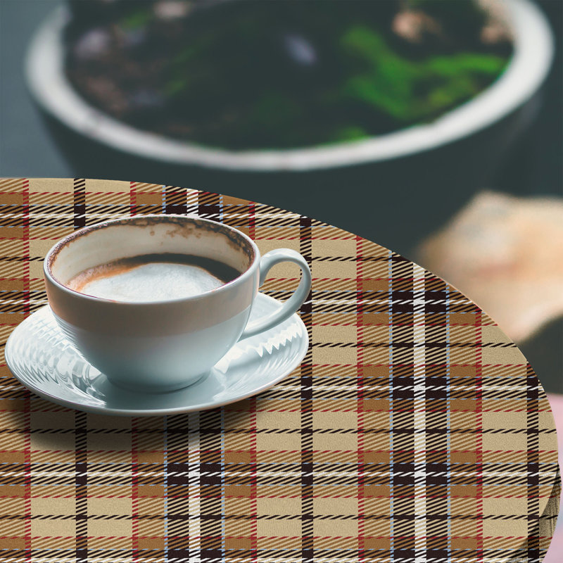 Gracie Oaks Brown Plaid Fitted Round Tablecloth Diameter Multicolor