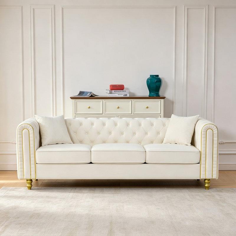Canapé Chesterfield 86 po, canapé 3 places en velours confortable capitonné à boutons et pieds dorés, Velvet+Beige