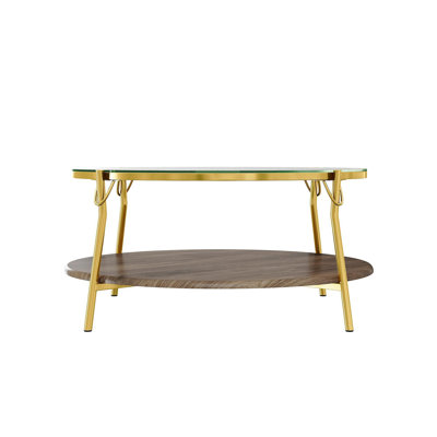 Modern Round Walnut 2-Tiered Coffee Table With Glass Top And Gold Base For Living Room, 29.9"