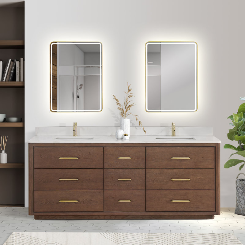 Porto 84'' Double Bathroom Vanity with Quartz Top, Dark Brown Oak, Gold