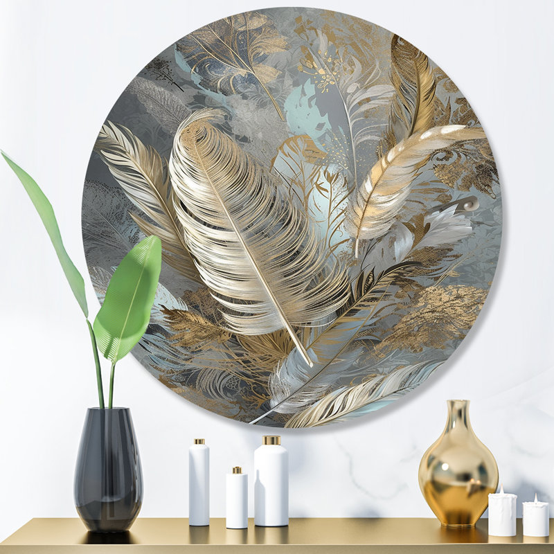 Art mural rond en plumes dorées - Glam Feather, H 23 po x l 23 po x P 1 po