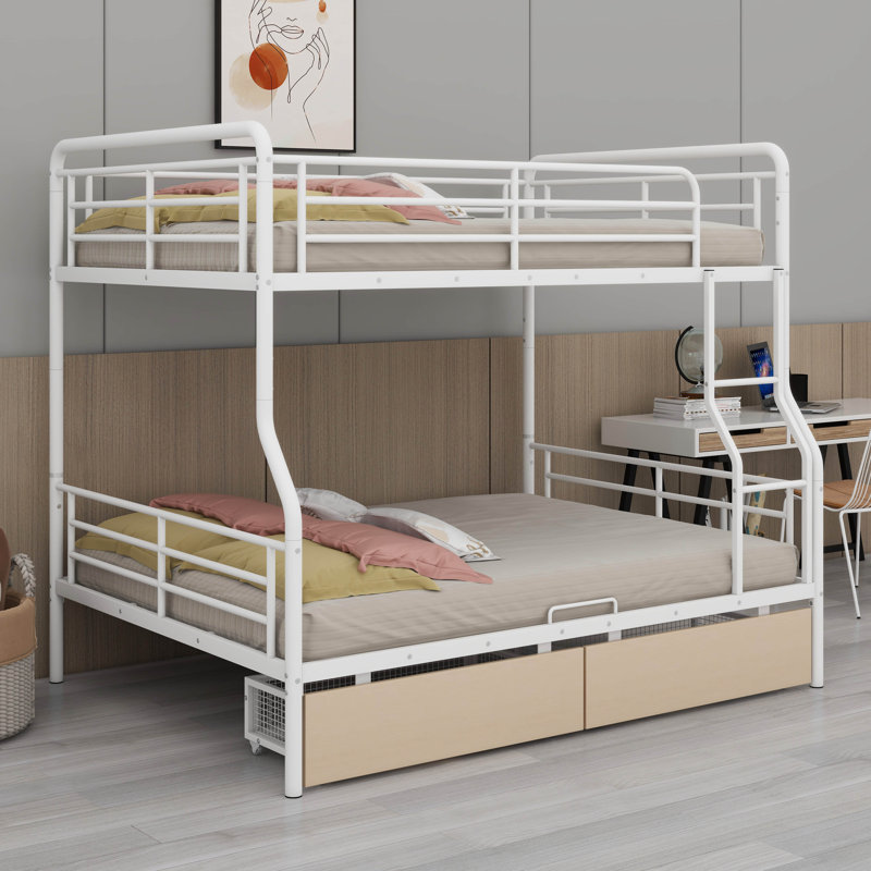 Metal Full XL Over Queen Bunk Beds With Storage, Heavy-Duty Full Over Queen Bunk Bed With 2 Drawers, White