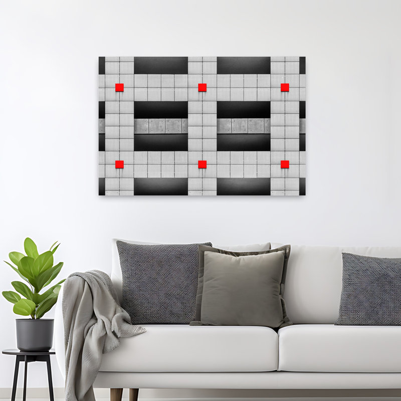 Carrés rouges, architecture géométrique abstraite, art mural contemporain, H 32 po x l 48 po