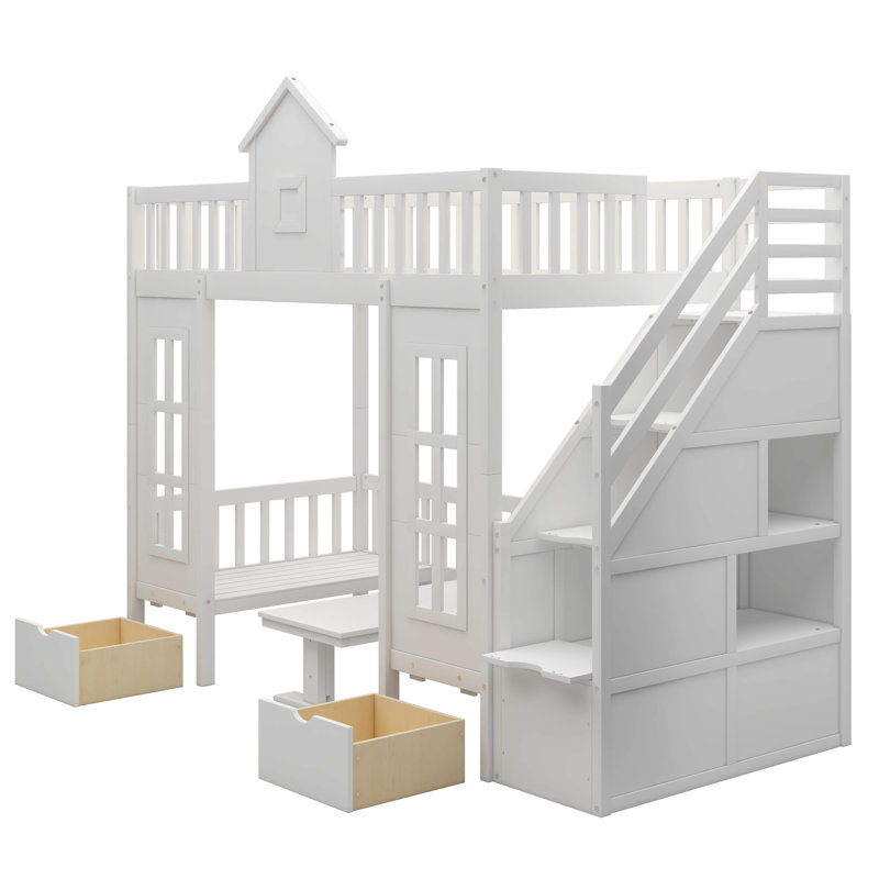 Kids Bunk Bed with Drawers, White, Twin over Twin