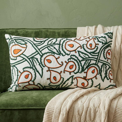 14" X 24" Green and White Cotton Lumbar Throw Pillow with Embroidery