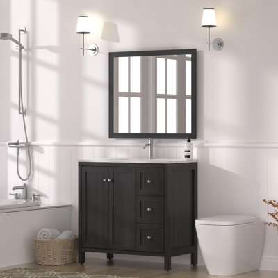 Meuble-lavabo de 35,5 po, finition noire, lavabo en résine, 3 tiroirs, portes à fermeture douce, conception éclaboussure, matériau en contreplaqué, structure à usage quotidien, longue durée