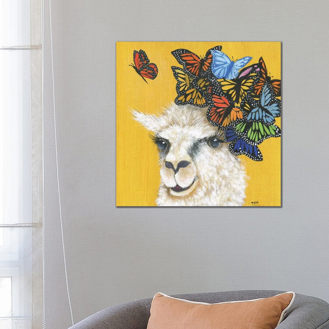 Lama und Schmetterlinge von Tava Studios - Galerie-verpackte Leinwand Giclée auf Leinwand