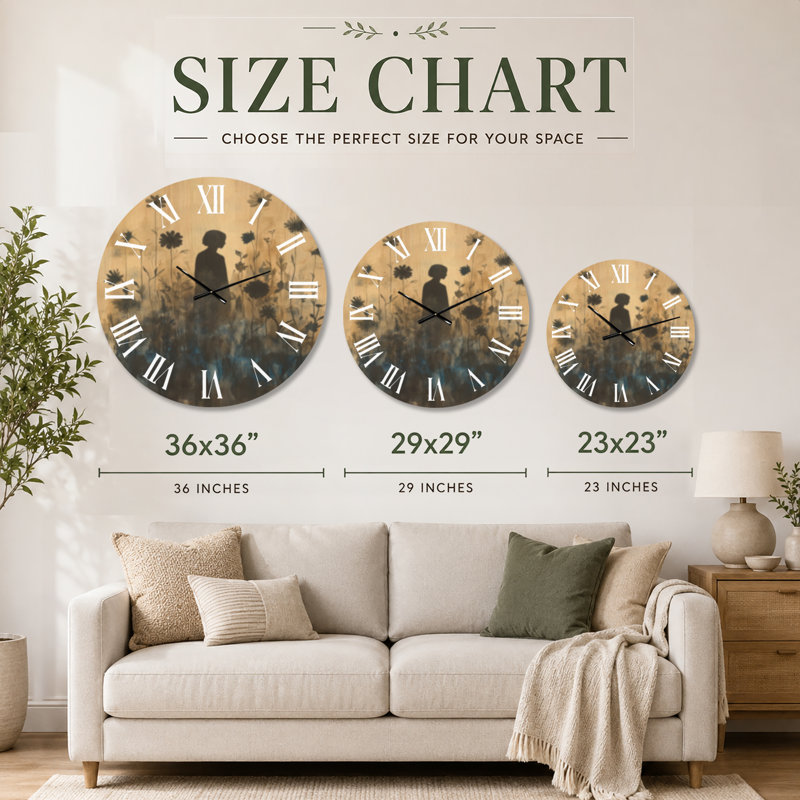 Horloge murale bohème Wildflower Silhouette II, imprimée sur bois, Très grand